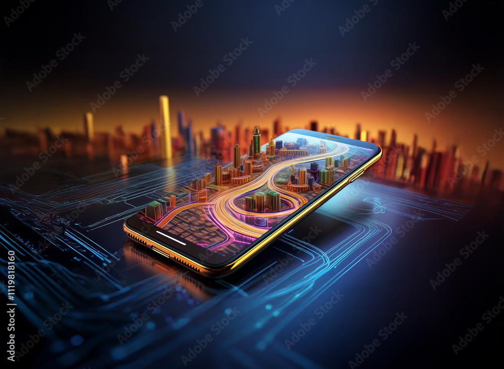 Leinwandbilder a futuristic city scene is displayed on a smartphone resting on a circuit board. the vibrant citysca