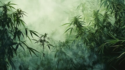 Naklejka premium Lush Green Cannabis Plants in Foggy Atmosphere for Medical Use Background