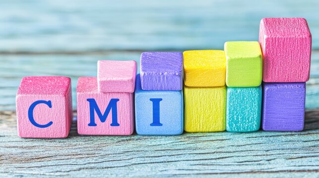 Colorful alphabet blocks spelling CMI on a rustic wooden background showcasing playful learning and creativity for educational concepts.