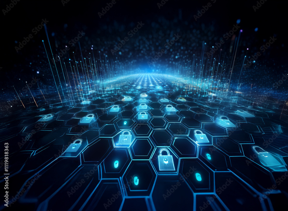 Poster abstract digital artwork depicting a futuristic, hexagonal grid with glowing blue padlock icons, sug