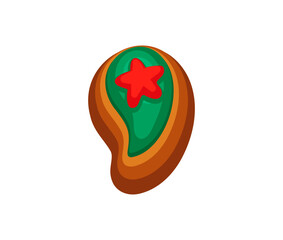 Festive Christmas gingerbread comma cookie punctuation symbol covered with green icing and red star. Cartoon vector glyph font, xmas typeface, new year type, pastry alphabet for seasonal celebrations