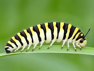 Naklejka premium Caterpillar with vibrant yellow, black, and white stripes crawling on a green leaf outdoors, AI