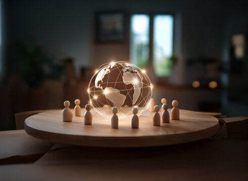 A glowing globe encircled by wooden figures on a circular platform, symbolizing global connection and community.  The background is softly blurred, focusing attention on the central image.