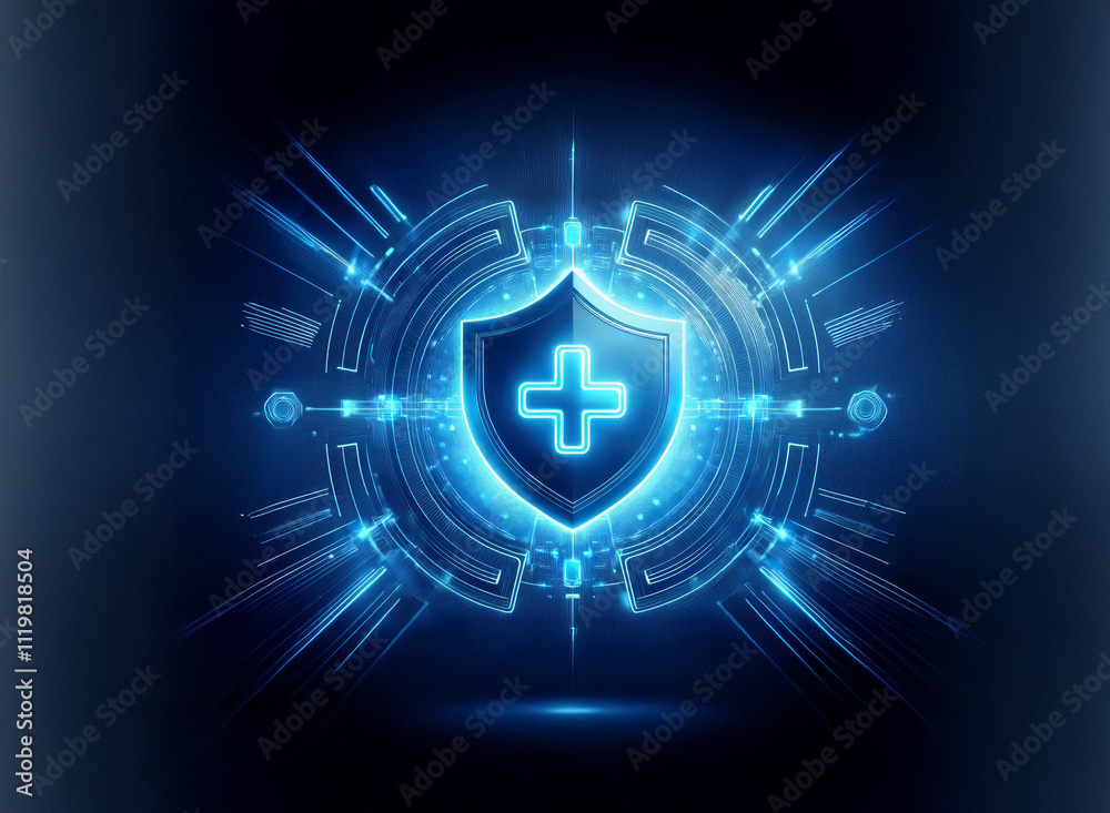 Aufkleber glowing blue shield with a cross, encircled by a futuristic technological interface. represents digi