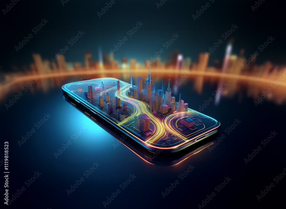 Leinwandbilder a futuristic city model displayed on a smartphone screen, glowing with vibrant, multicolored lines d