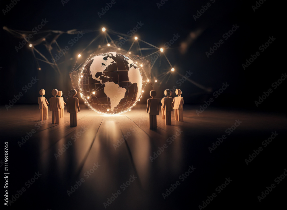 Poster glowing earth encircled by a network, observed by small figures. represents global connection and co