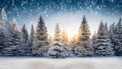 Fototapeta premium beautiful wide horizontal xmas facebook banner background illustration with christmas trees and snow in winter