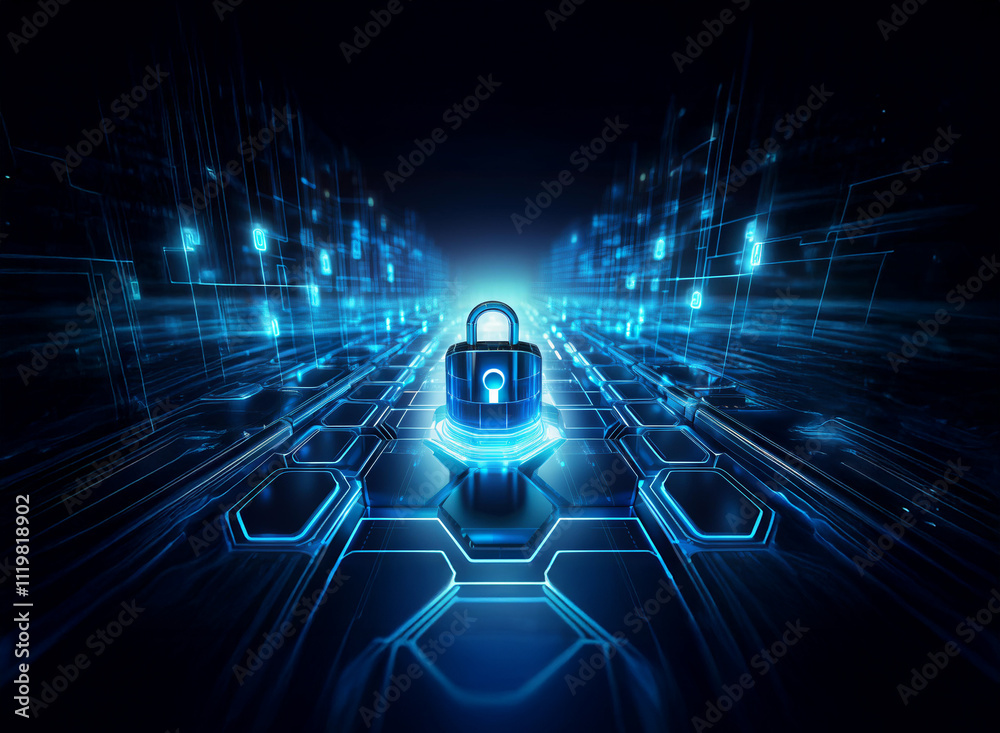Aufkleber A glowing blue padlock sits at the center of a futuristic, digital landscape.  Hexagonal pathways and binary code create a sense of secure digital space.  Cybersecurity, data protection, and technolog