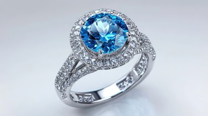 Elegant blue gemstone ring with intricate diamond accents on a silver band showcasing luxury and exquisite craftsmanship for jewelry promotion.