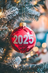 Red New Year's toy balloon with text 2025, new year's tree