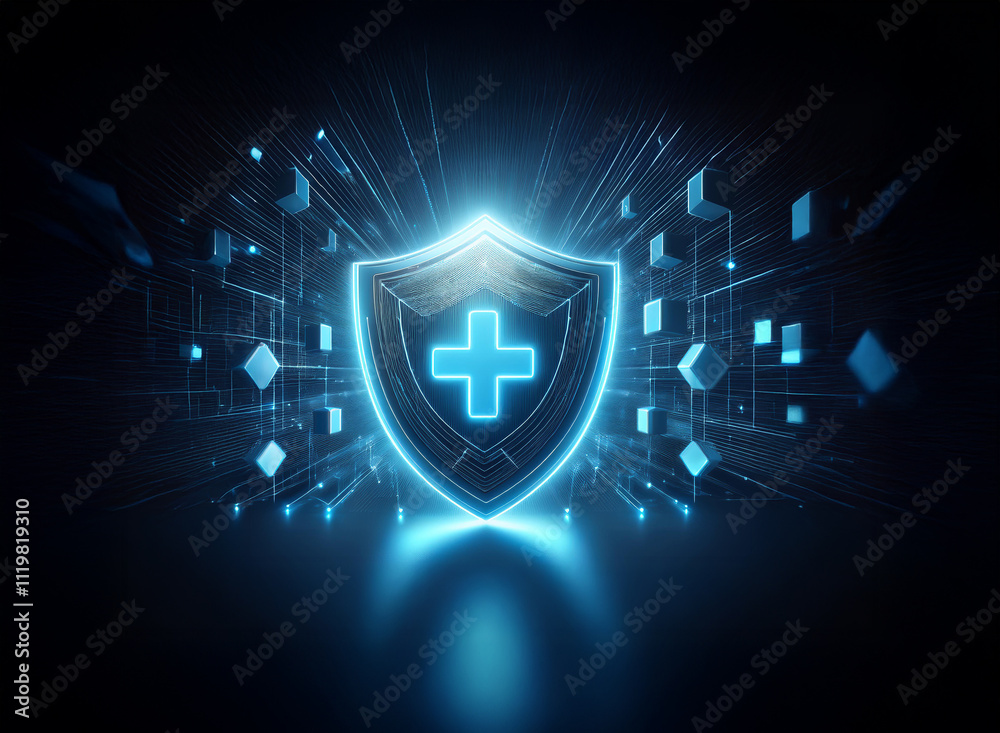 Poster a glowing blue shield with a medical cross symbol at its center, set against a dark background of di