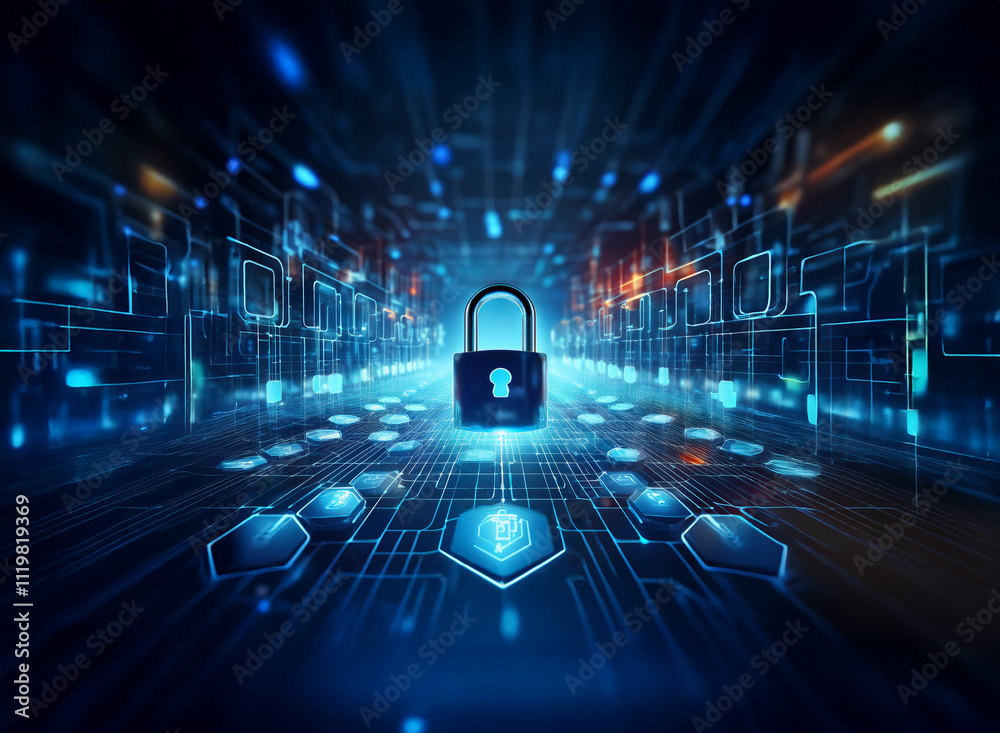 Aufkleber a glowing padlock sits at the center of a digital tunnel, symbolizing cybersecurity and data protect