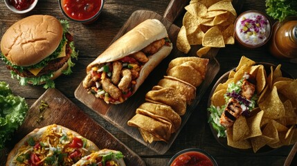 Diverse array of fast food items including sandwiches, burgers, nachos, and more on a rustic wooden table setting