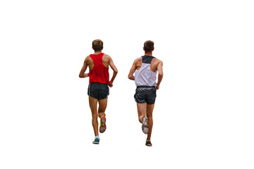rear view two runners running race isolated on transparent background