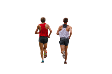 rear view two runners running race isolated on transparent background