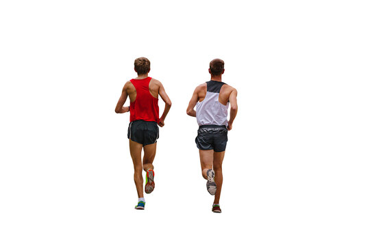 rear view two runners running race isolated on transparent background