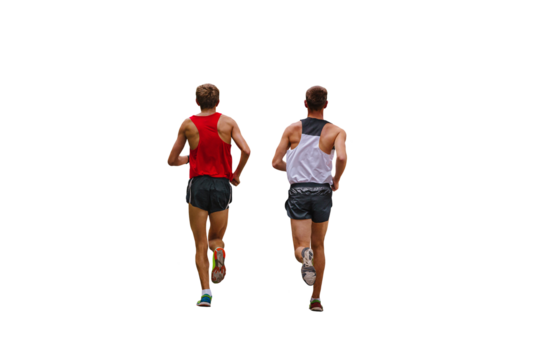 rear view two runners running race isolated on transparent background