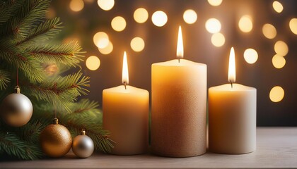 three candles near the christmas tree brunch