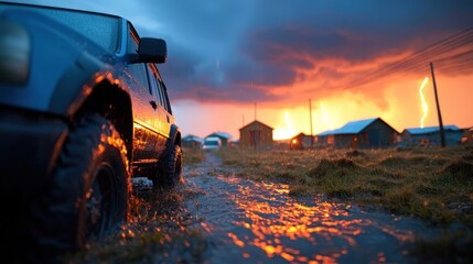 This dramatic scene captures a rugged vehicle in a rain-soaked landscape, illuminated by lightning, conveying a sense of adventure amidst nature's fury and unpredictability.