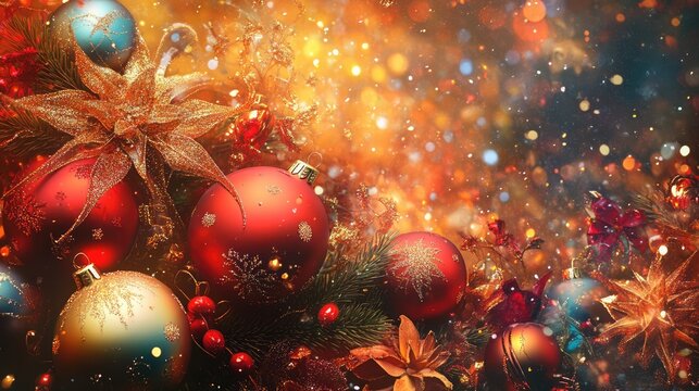 Festive Christmas and New Year background with vibrant decorations and shimmering lights creating a joyful holiday atmosphere