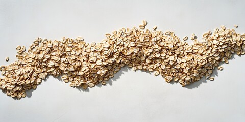 Obraz premium flat lay of rolled oats arranged in creative wave pattern on matte white surface under bright studio light