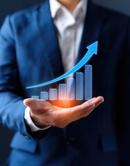 Businessman holding of bar graph with percentage financial banking increase