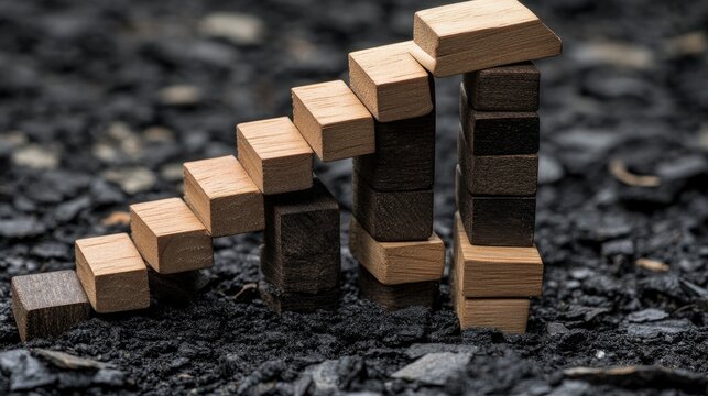 Wooden blocks arranged to illustrate economic downturn with falling trend and percentage symbols representing financial recession concepts