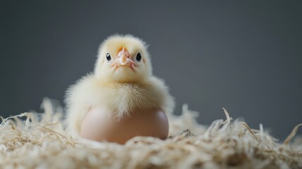 Obraz premium Charming chick emerging from an egg on soft bedding with a neutral gray background creating a serene and natural atmosphere.