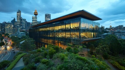 Modern glass building at dusk, cityscape backdrop, green landscaping.