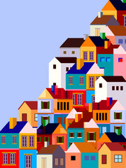 Naklejka premium Summer cityscape geometric vector illustration. Hillside town building in scandinavian architecture, residental houses background. Villages, trees, hill view.