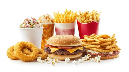 Diverse fast food assortment including burgers fries ice cream onion rings and snacks arranged on a white background