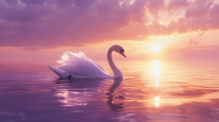Fototapeta premium Serene swan gracefully gliding on water at sunset capturing tranquil beauty and peaceful reflection during the evening golden hour