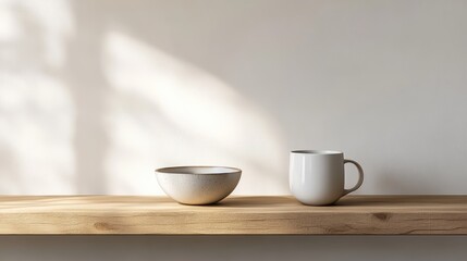 Modern ceramic mug and bowl on wooden shelf in minimalist Scandinavian kitchen setting with natural light and simple design elements