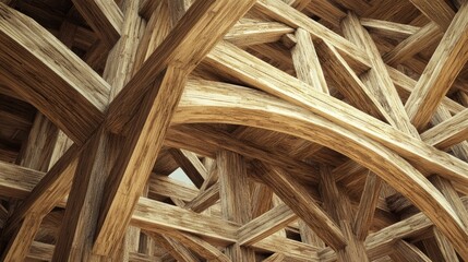 Intricate architectural details showcasing the unique craftsmanship of a wooden structure with a focus on interwoven beams and arches