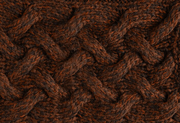 Texture of smooth knitted dark sweater with pattern. Top view, close-up. Handmade knitting wool or cotton fabric texture. Background of knitting patterns with a vertical large Braid Cable.
