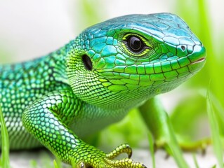 Naklejka premium Vivid close-up of a green lizard with intricate scales and bright blue hues, resting on fresh green grass, AI