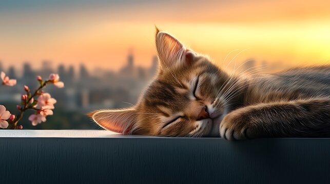 A close-up of a cat peacefully sleeping on a windowsill, bathed in soft natural light with a view of a blooming garden outside, Ultra-Realistic, Photo Realistic, highly detailed, 