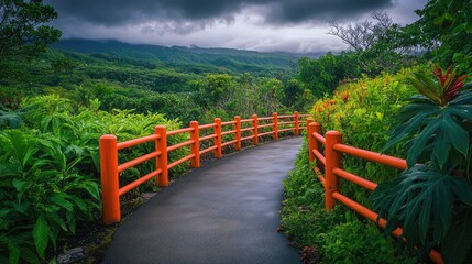 Curved pathway with vibrant orange railings amid lush greenery under a moody cloudy sky in a tranquil nature setting