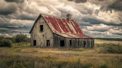 Obraz premium Rustic abandoned barn in a desolate field under dramatic storm clouds showcasing decay and solitude in a rural landscape.