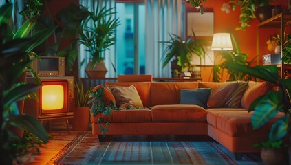 Obraz premium A cozy living room, bathed in warm light, features a burnt orange sectional sofa surrounded by lush, tropical plants. A vintage television set adds a retro touch.
