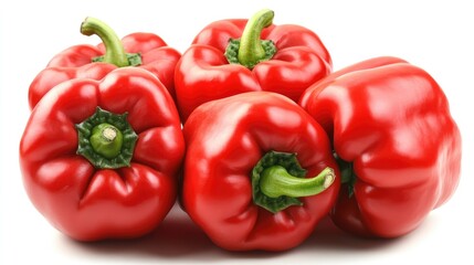 Fresh red bell peppers arranged on a clean white background highlighting their vibrant color and smooth surface for food photography.