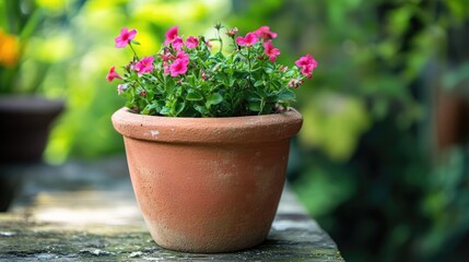 Baked clay flower pot displaying vibrant pink blooms in a lush green garden setting