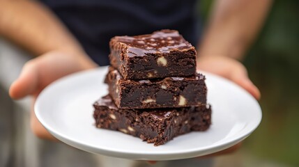 Delicious chocolate brownies stacked on a white plate held by a person outdoors