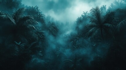 A misty jungle scene with dense palm trees and a moody atmosphere.