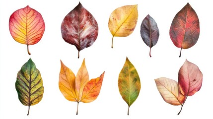 Obraz premium Colorful autumn leaves collection isolated on white background showcasing diverse shapes and vibrant fall hues ideal for seasonal designs.