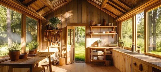 Fototapeta premium Rustic Cottage Kitchen, Sun-Drenched Interior with Natural Wood and Greenery, Large Windows