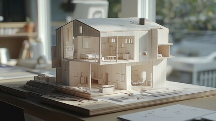 Architectural model showcasing detailed wooden textures of a house with various rooms for renovation project display on a designer's desk.
