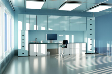 Doctor office with computer on desktop. Spacious room with wardrobes and large window. Doctor...