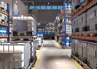 Chemical corporation warehouse. Storage with barrels and plastic tanks. Chemical products in...