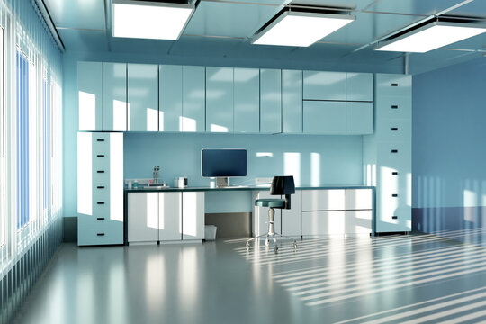 Doctor office with computer on desktop. Spacious room with wardrobes and large window. Doctor office without anyone. Minimalistic laboratory interior. Doctor office with long deck. 3d image
